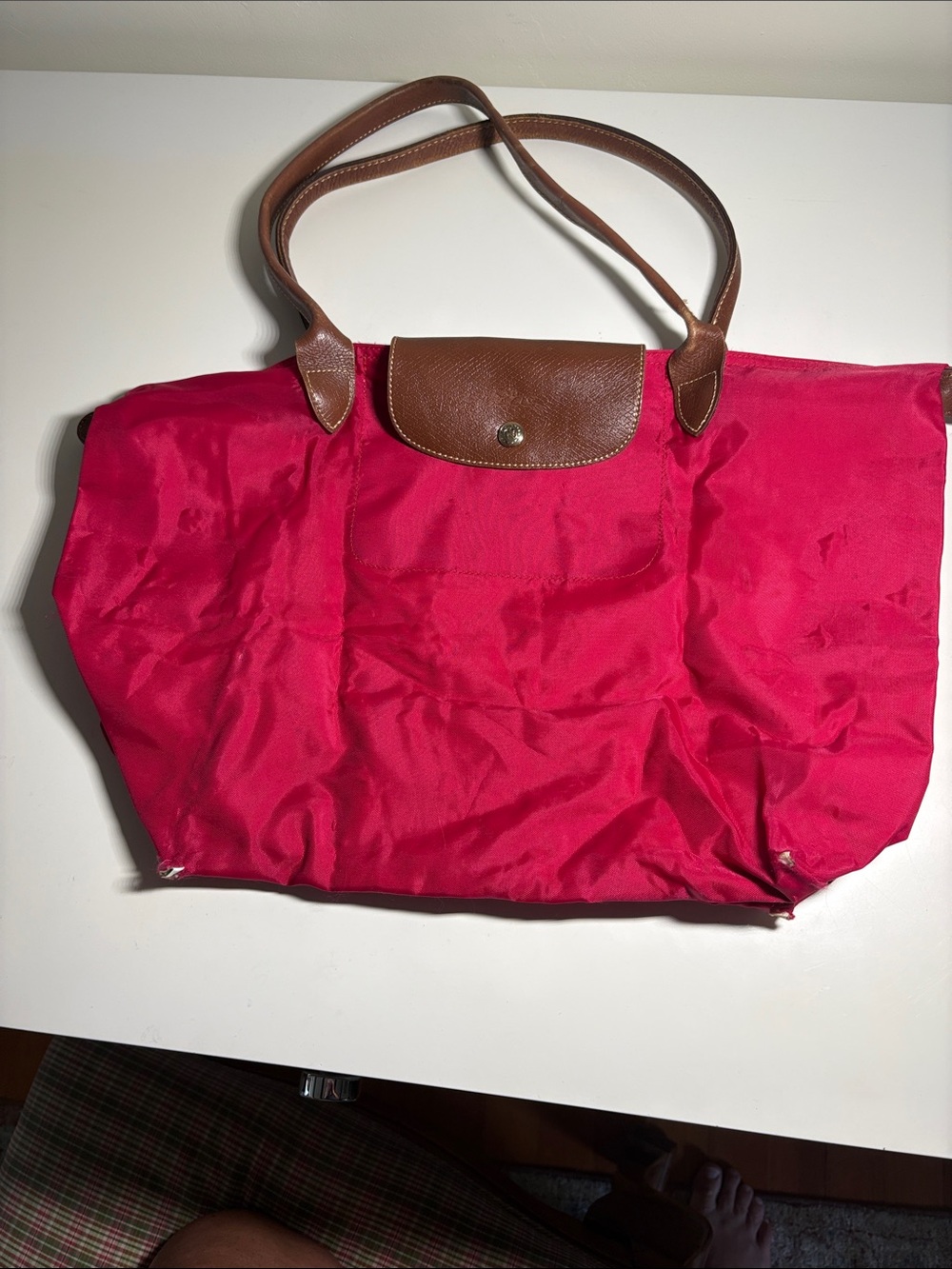 Longchamp Red Tote with Brown Leather Trim